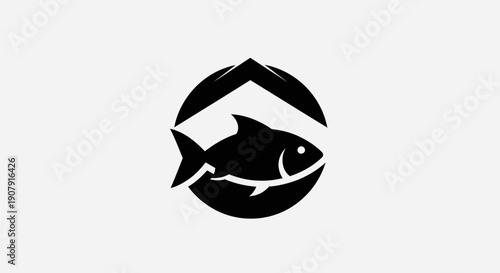 Black fish and mountain logo in circle design for branding and business