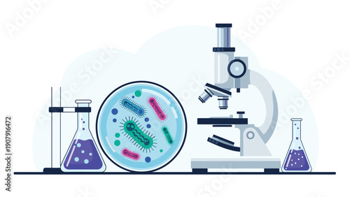 Scientific laboratory equipment set including a microscope, petri dish with bacteria, and glass flasks with purple liquid.