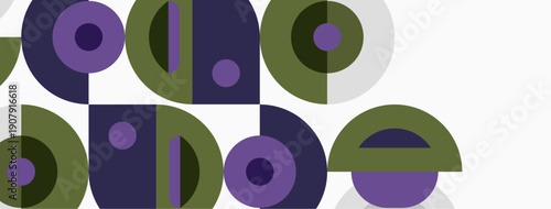 Abstract geometric pattern. Circles, semicircles, muted purple, olive hues create modern design. Minimalist aesthetic, repeating shapes.