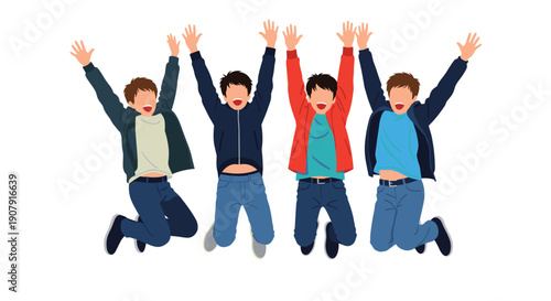 Four happy young men in casual clothes and jackets jumping high in the air with their arms raised in excitement and celebration.