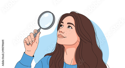 Portrait of a young woman with long hair holding a magnifying glass and looking through it with curiosity and discovery.