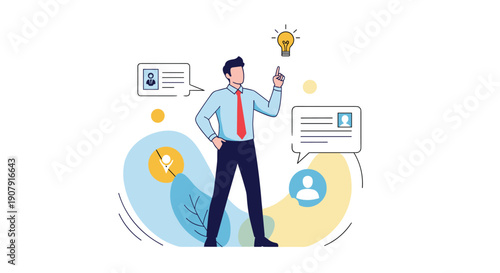 Professional businessman getting a bright idea represented by a lightbulb while pointing his finger upward in a creative concept.