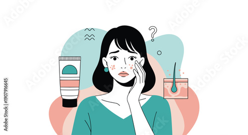 Young woman looking concerned about acne problems with skincare product and skin anatomy illustrations for dermatological care.