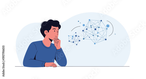 Thoughtful young man contemplating complex network structures and connections in an abstract blue setting with geometric lines.