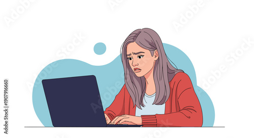 Worried young woman looking stressed while typing on her laptop computer against a simple blue background in an office setting.
