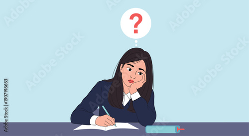 Bored young student girl sitting at a desk and thinking with a red question mark above her head while studying in a classroom.