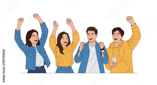 Group of happy young friends cheering with their arms raised in excitement and celebration against a plain white background.