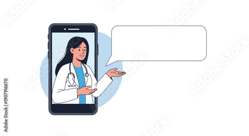 Female doctor providing online medical consultation through a smartphone screen with an empty speech bubble for copy space.