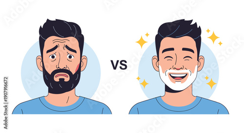Comparison of a man with a thick beard and an unhappy expression versus clean shaven and smiling after a grooming makeover.