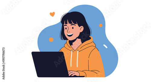 Happy young girl sitting and working on her laptop computer with a cheerful expression against a blue abstract background.