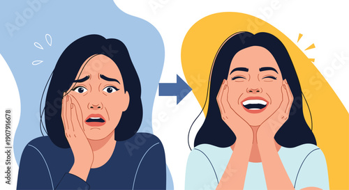 Emotional transformation of a woman from feeling stressed and worried to being extremely happy and laughing with joy.
