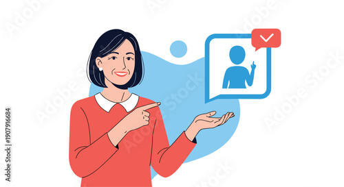 Smiling mature woman pointing toward a user profile icon with a checkmark in a message bubble for identity verification concept.