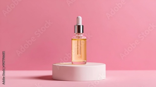 Minimalistic glass dropper bottle with serum on pink background.