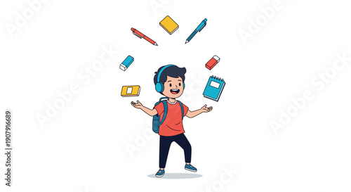 Happy school boy juggling various educational supplies like pens notebooks and erasers with a backpack on a white background.