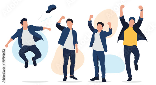 Silhouettes of four men jumping and celebrating their success against a background with abstract pastel circles and shapes.