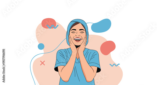 Cheerful woman in blue medical scrubs laughing heartily with her hands on her face against an abstract colorful backdrop.