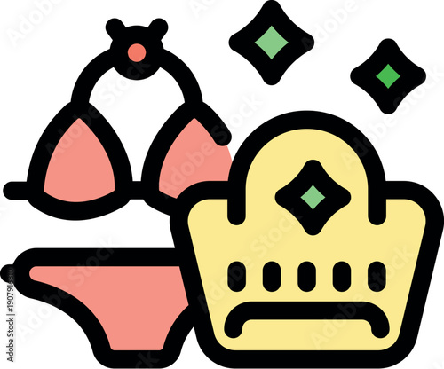 Bikini and shopping basket shining, representing the purchase of swimwear for the summer season