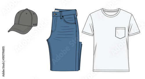 Set of casual men's clothing items including a grey baseball cap, blue denim jeans, and a white pocket t-shirt for daily wear.