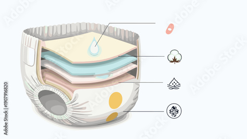 Informative cross section diagram of a baby diaper showing the different absorbent layers and soft materials used for comfort.