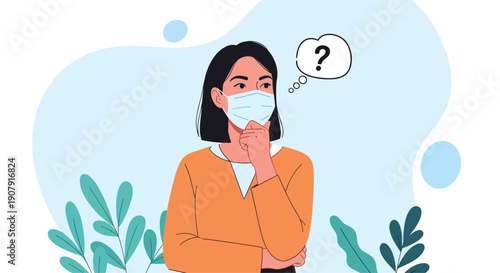 Young woman wearing a medical mask appears thoughtful with a question mark above her head while standing against a blue background.