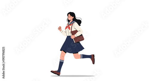 Energetic schoolgirl in a traditional sailor uniform runs with a brown satchel against a white background representing school life.