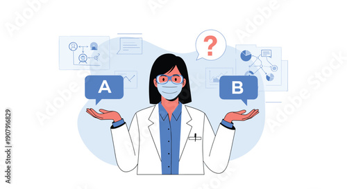 Medical professional wearing a face mask and goggles evaluates two different options labeled A and B with data charts in the background.