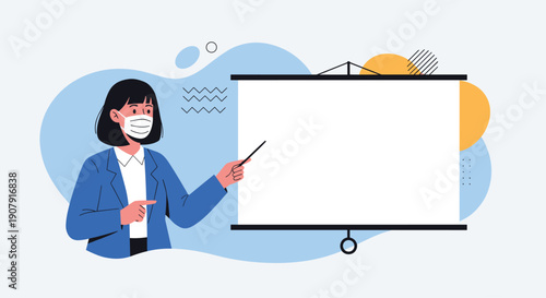 Businesswoman wearing a mask and professional suit points to a large blank projection screen in a presentation setting with abstract shapes.