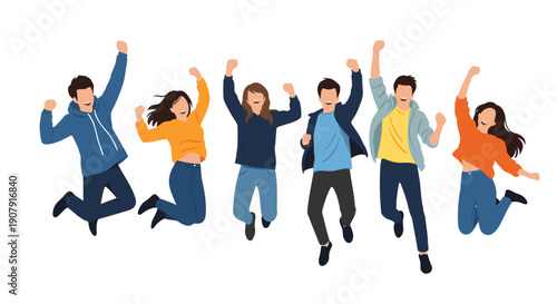 Diverse group of happy young people jumping together in celebration with arms raised to express joy and success on a white background.