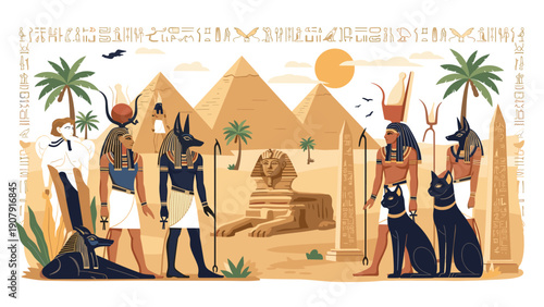 Detailed illustration of ancient Egypt featuring pyramids, the great sphinx, gods like Anubis, and traditional hieroglyphs.