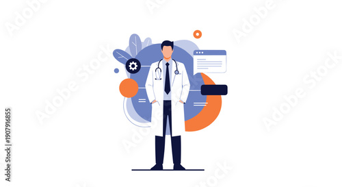 Professional male doctor in a white coat and stethoscope stands against a background of medical icons, gears, and data charts.