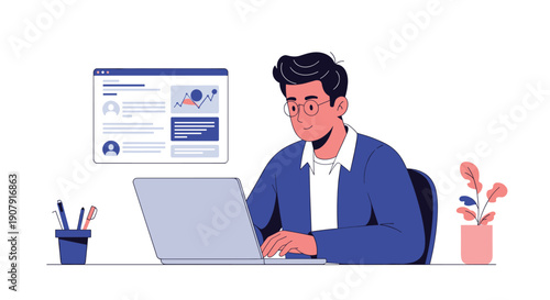 Young man with glasses sits at a desk working on a laptop with data visualizations and a website interface appearing in the background.