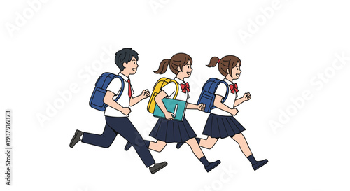 Group of enthusiastic students in school uniforms running together with backpacks and books to represent the start of a new semester.