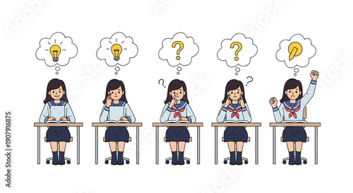 Row of schoolgirls sitting at desks experiencing different stages of learning from confusion to discovery with thought bubbles.