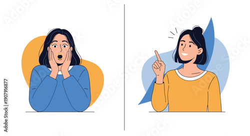 Comparison of two facial expressions showing a woman looking shocked with hands on cheeks next to her thinking with a finger pointed.