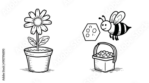 A black and white cartoon illustration of a flower in a pot, a bee, honeycomb and basket