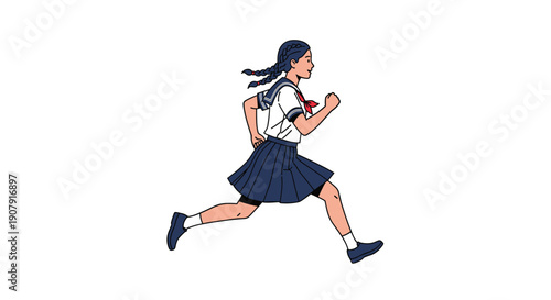 Schoolgirl with braided hair and a sailor uniform runs with determination across a white background illustrating activity and energy.