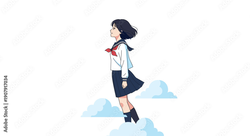 Fototapeta premium Schoolgirl in a Japanese uniform walking among soft clouds, symbolizing imagination, dreams, and youthful aspirations.