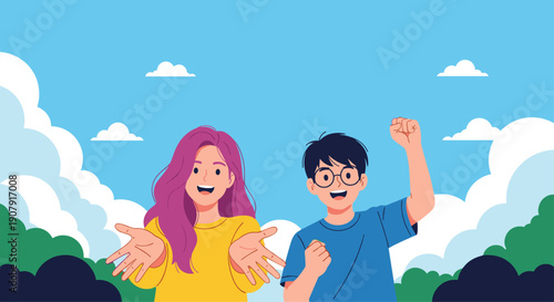 Energetic young man and woman cheering together outdoors with arms raised against a blue sky and white clouds background.