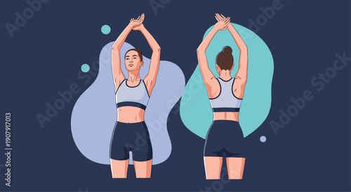 Athletic woman in sportswear demonstrating stretching exercises from both front and back views, focusing on fitness and health.
