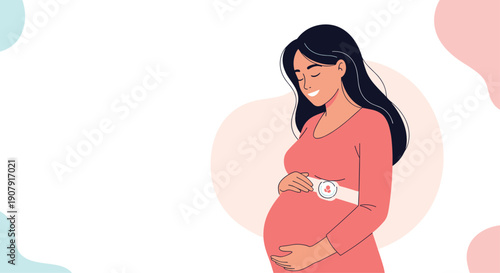 Smiling pregnant woman wearing a monitoring belt on her belly, representing modern prenatal health and medical technology.