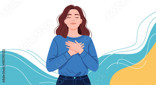Peaceful woman closing her eyes and placing her hands on her heart, expressing gratitude, calm, and inner well-being.