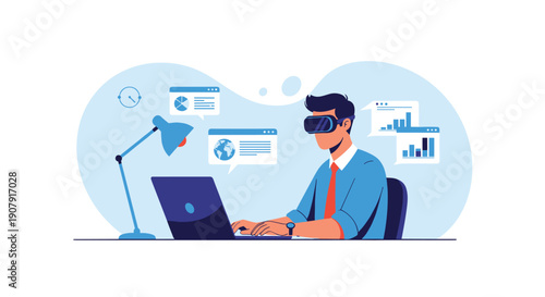 Professional man wearing a VR headset working at his desk with data charts and graphs floating in a virtual workspace.