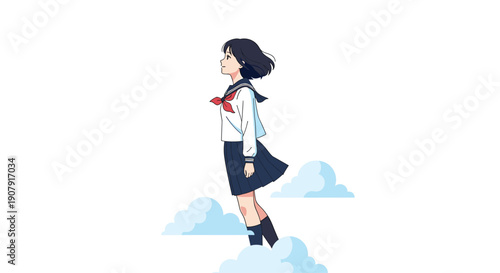 Schoolgirl in a Japanese uniform walking among soft clouds, symbolizing imagination, dreams, and youthful aspirations.