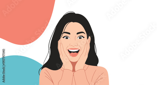 Surprised and excited young woman holding her cheeks in her hands, reacting with amazement to good news or a big deal.