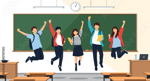 Group of happy students jumping for joy in front of a classroom blackboard, celebrating graduation or academic success.