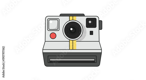 Classic retro instant camera design featuring a gray body and colorful yellow stripes, representing vintage photography style.