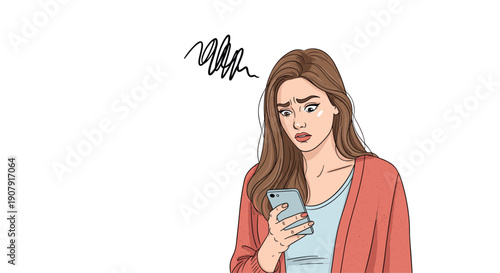 Worried young woman looking at her smartphone screen with a frustrated expression, illustrating bad news or tech problems.