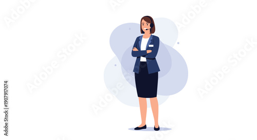 Professional female call center agent wearing a headset and suit, standing confidently ready to provide customer support.