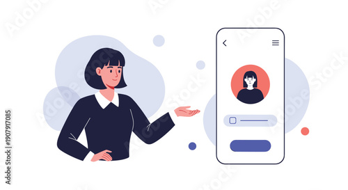 Professional woman gesturing toward a smartphone showing a user profile interface, representing social media or app design.