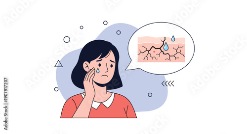 Young girl feeling sad about her dry and cracked skin condition shown in a thought bubble for skincare treatment concept.